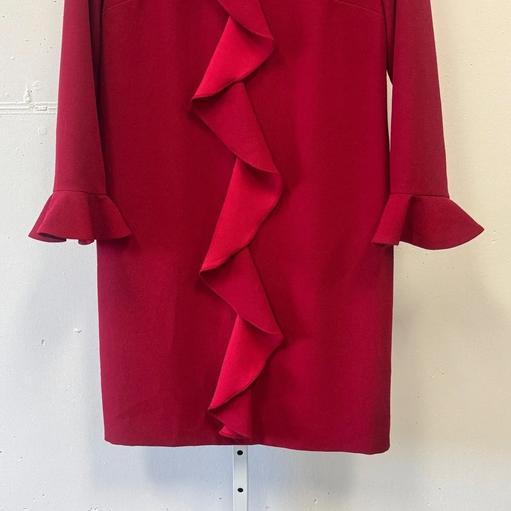 NWT Sara Campbell Red Crepe Cascade Ruffle Shift Dress Flounce Cuff Size‎ 8